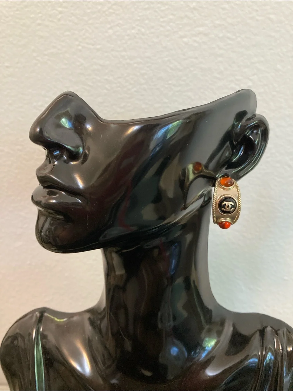 CHANEL Gold-Tone Oval Drop Earrings with Orange Cabochons